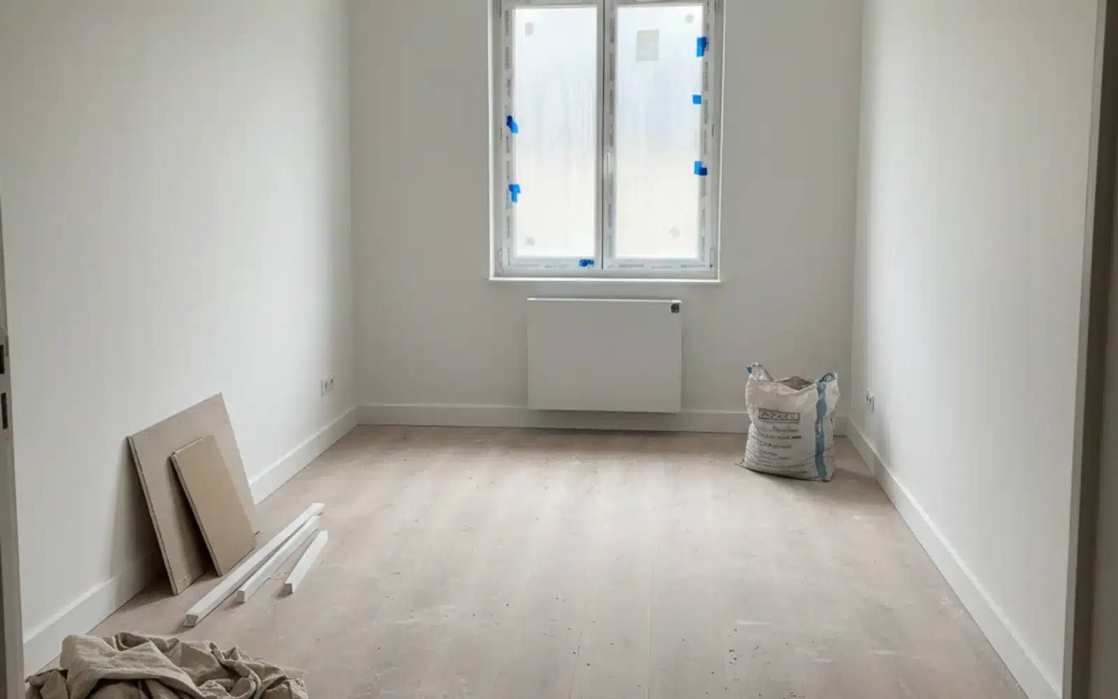 Pièce après travaux, poussière de plâtre et chutes de chantier au sol