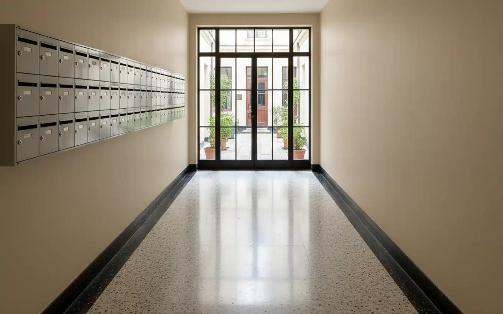 Le même hall après le nettoyage, sol lavé et plinthes dépoussiérées