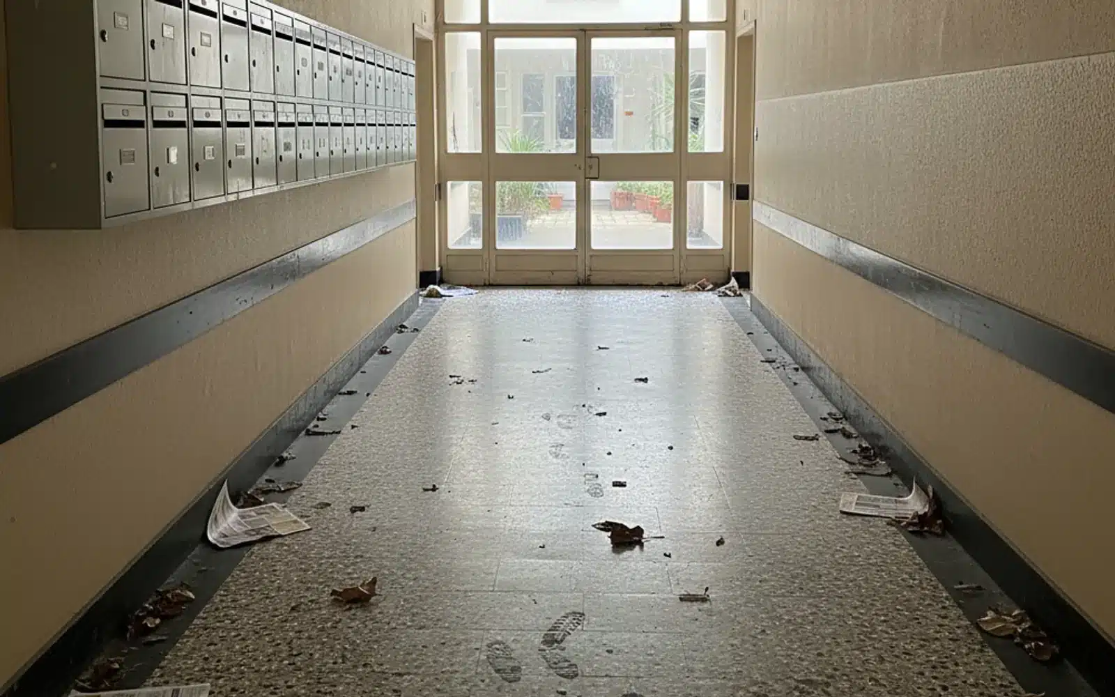 Hall d'immeuble avant le nettoyage, prospectus et feuilles au sol
