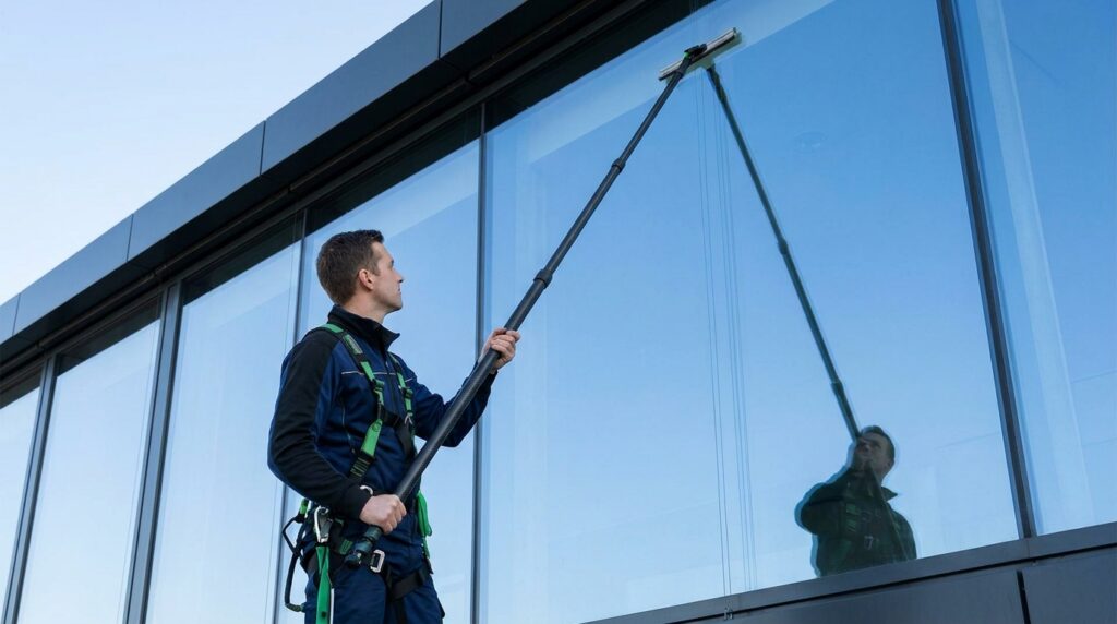 Professionnel nettoyant une vitre en hauteur à la perche télescopique sur une façade moderne