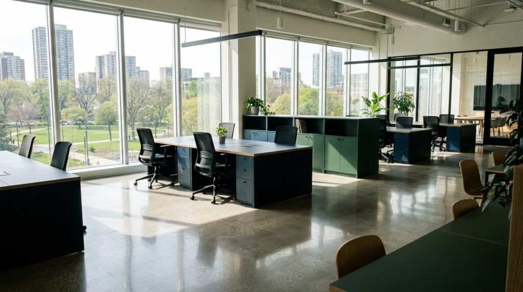 Open space de bureaux propre et lumineux après entretien professionnel
