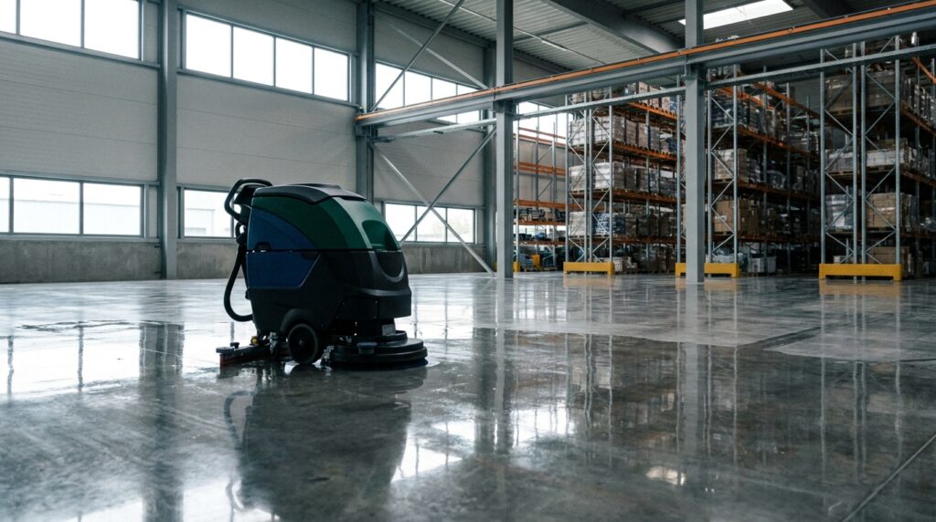 Entrepôt industriel au sol béton nettoyé avec matériel professionnel