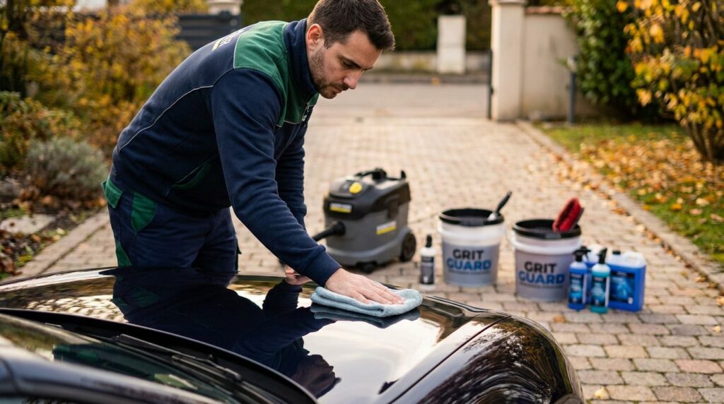 Professionnel réalisant une esthétique automobile sur une voiture sombre dans l'Est lyonnais