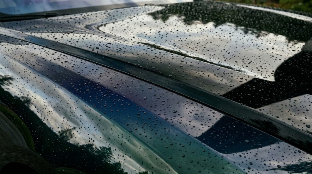 Carrosserie noire protégée avec effet déperlant, gouttes d'eau perlant sur la peinture